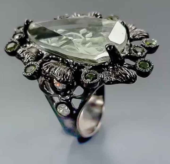 Green Amethyst Peridot Ring - 925 Sterling Silver Black Rhodium Plated