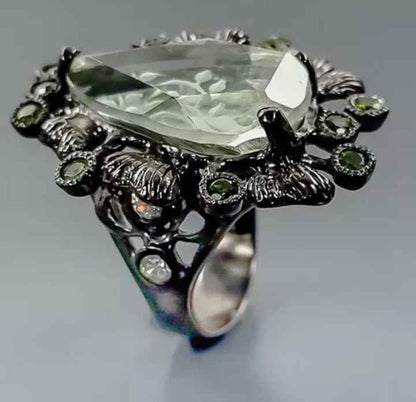 Green Amethyst Peridot Ring - 925 Sterling Silver Black Rhodium Plated