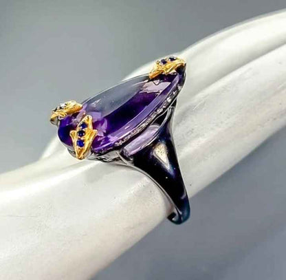 Sterling Silver Amethyst Ring with Black Rhodium and Gold Plating