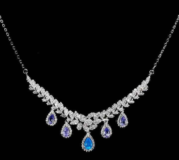 Sterling Silver Blue Opal & Tanzanite Necklace - 14k White Gold Plated