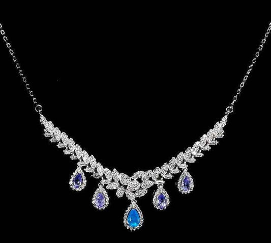 Sterling Silver Blue Opal & Tanzanite Necklace - 14k White Gold Plated