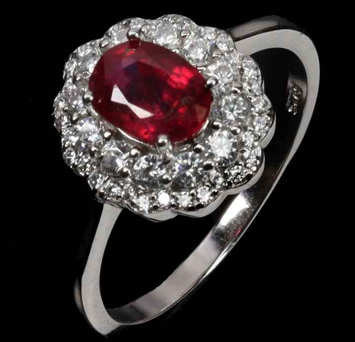 925 Sterling Silver Ruby Ring - 14k White Gold Plated Oval Cut Madagascar Ruby with CZ Halo