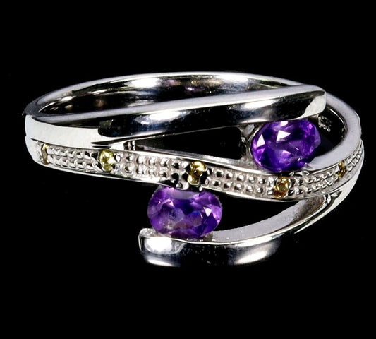 Sterling Silver Amethyst & Sapphire Ring - 14k White Gold Plated
