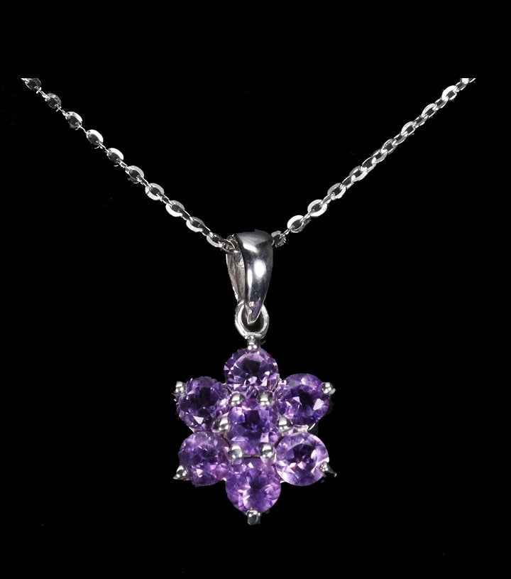 Sterling Silver Amethyst Flower Necklace - 14k White Gold Plated