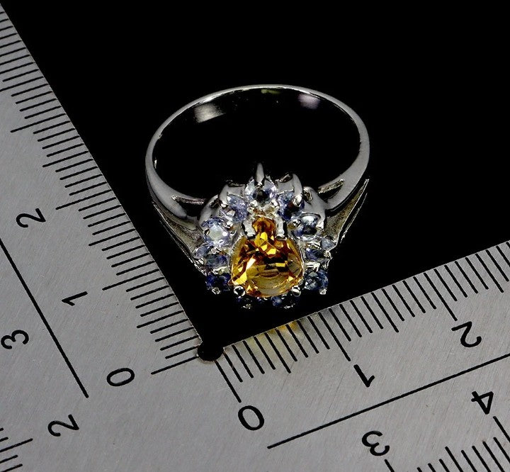Natural Citrine & Tanzanite Halo Ring - 925 Sterling Silver White Gold Plated