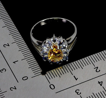 Natural Citrine & Tanzanite Halo Ring - 925 Sterling Silver White Gold Plated