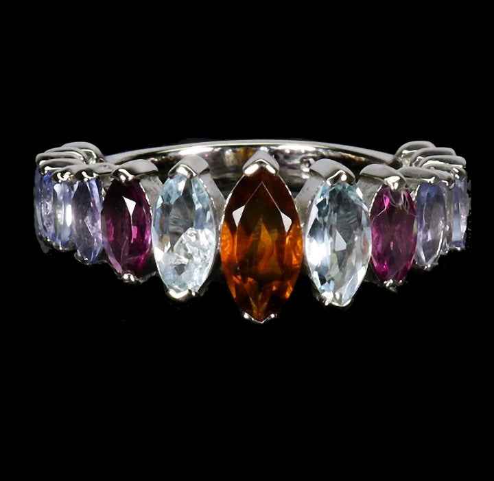 925 Sterling Silver Multi-Gemstone Ring - Citrine, Aquamarine, Rhodolite Garnet & Tanzanite