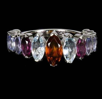 925 Sterling Silver Multi-Gemstone Ring - Citrine, Aquamarine, Rhodolite Garnet & Tanzanite