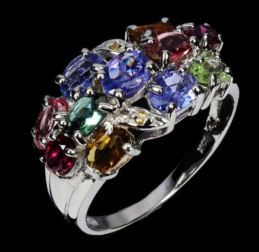 Multi-Gemstone Sterling Silver Ring with Tanzanite, Garnet, Sapphire & Tourmaline
