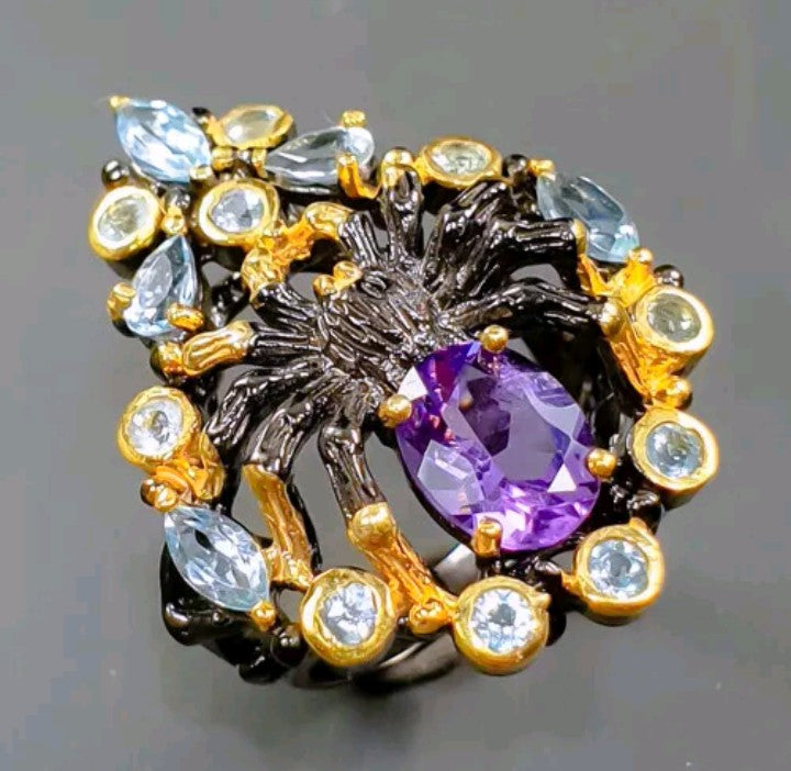 Amethyst Topaz Ring - Black Rhodium & Gold Plated Sterling Silver