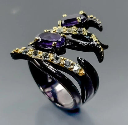 Black Rhodium & Gold Plated Amethyst Ring with Topaz Accents