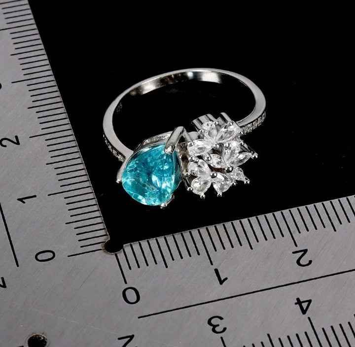 Blue Apatite Pear Cut Ring - 925 Sterling Silver with 14k White Gold Plating