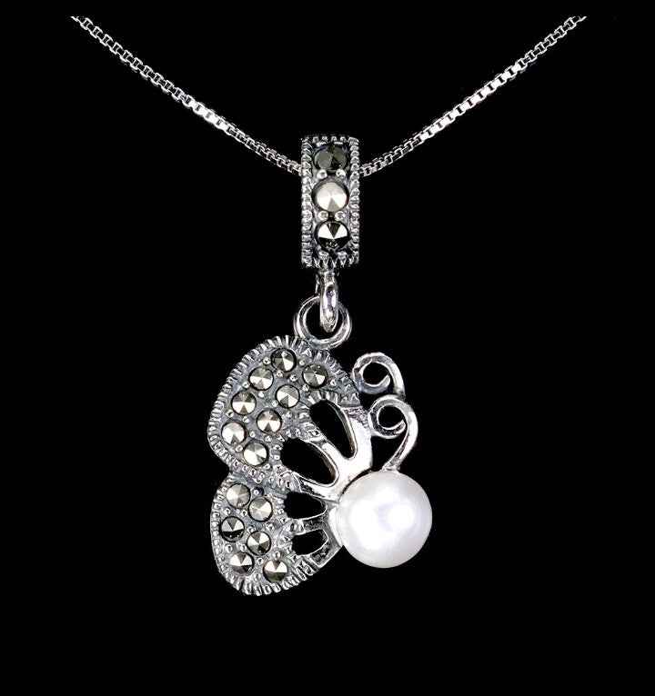 Sterling Silver Pearl & Marcasite Pendant Necklace