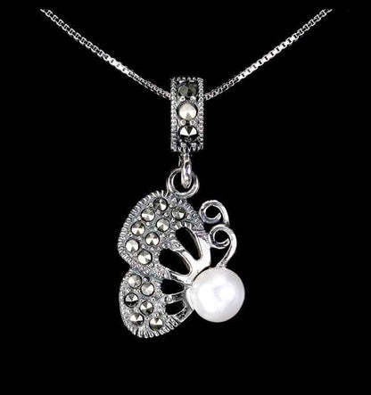 Sterling Silver Pearl & Marcasite Pendant Necklace