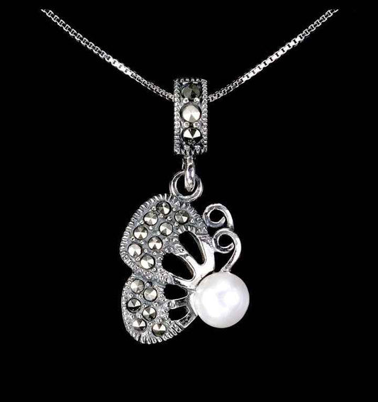 Sterling Silver Pearl & Marcasite Pendant Necklace