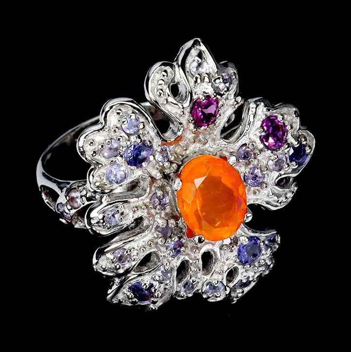 Sterling Silver Ring with Orange Opal, Rhodolite Garnet & Tanzanite