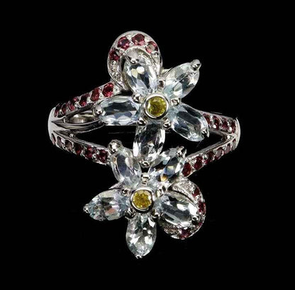 Sterling Silver Aquamarine Flower Ring with Rhodolite Garnet and Sapphire