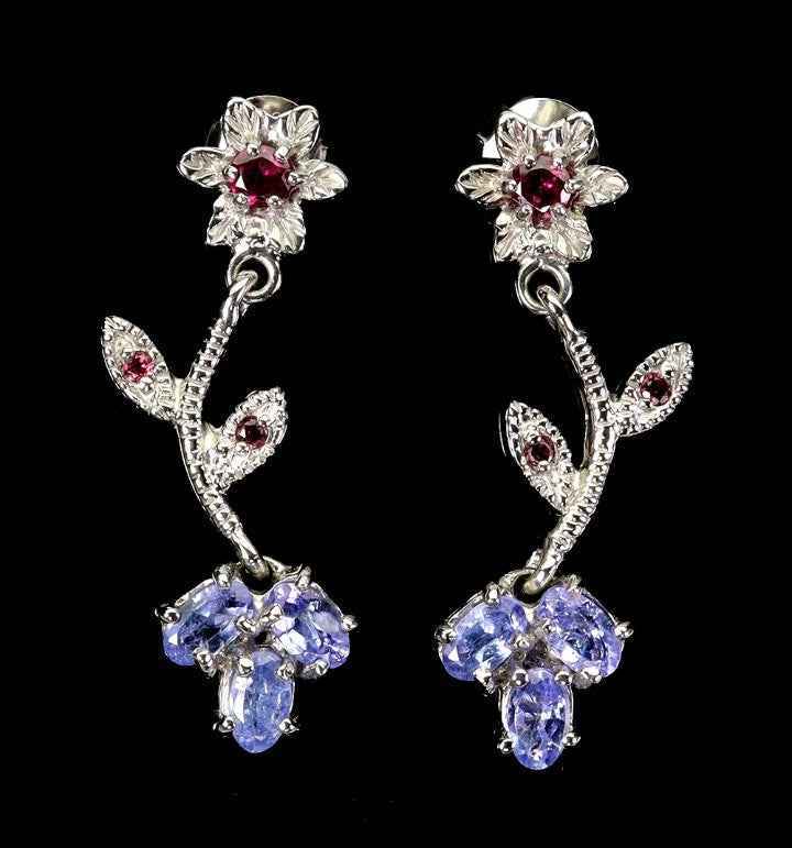 Tanzanite & Rhodolite Garnet Flower Earrings - 925 Sterling Silver with 14K White Gold Plating