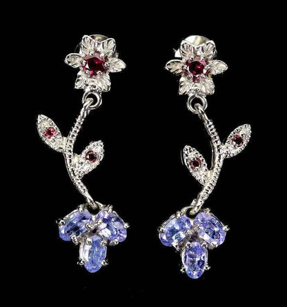 Tanzanite & Rhodolite Garnet Flower Earrings - 925 Sterling Silver with 14K White Gold Plating