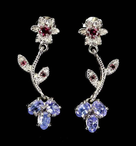 Tanzanite & Rhodolite Garnet Flower Earrings - 925 Sterling Silver with 14K White Gold Plating