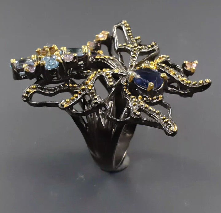 Blue Topaz & Sapphire Floral Ring - 925 Sterling Silver with Black Rhodium & Gold Plating