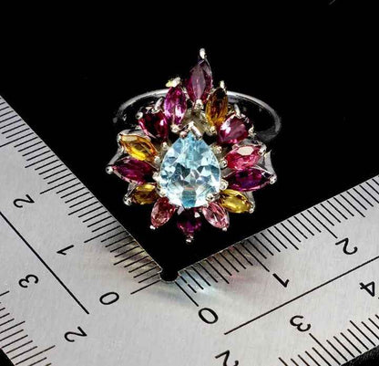 Sterling Silver 925 Ring with Sky Blue Topaz, Tourmaline and Rhodolite Garnet