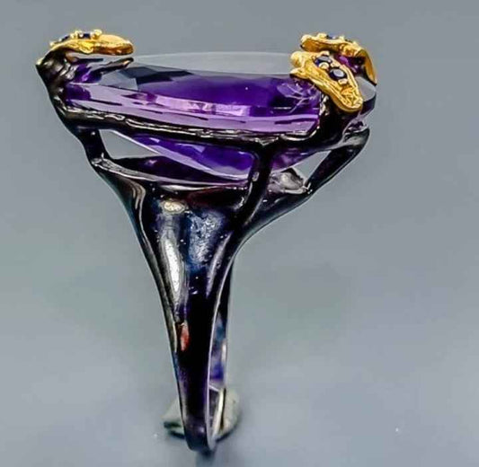 Sterling Silver Amethyst Ring with Black Rhodium and Gold Plating