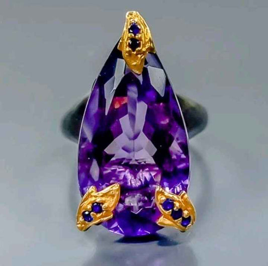 Sterling Silver Amethyst Ring with Black Rhodium and Gold Plating