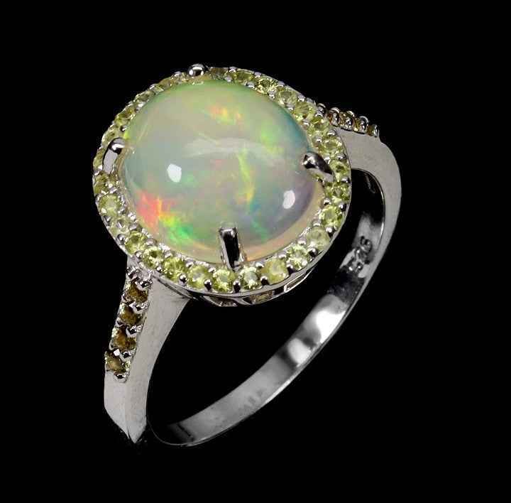 Ethiopian Fire Opal Ring with Diamond Cut Sapphires - 925 Sterling Silver