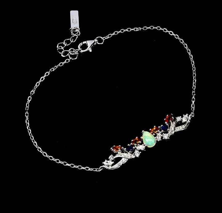 925 Sterling Silver Ethiopian Fire Opal Bracelet with Cubic Zirconia & Sapphire