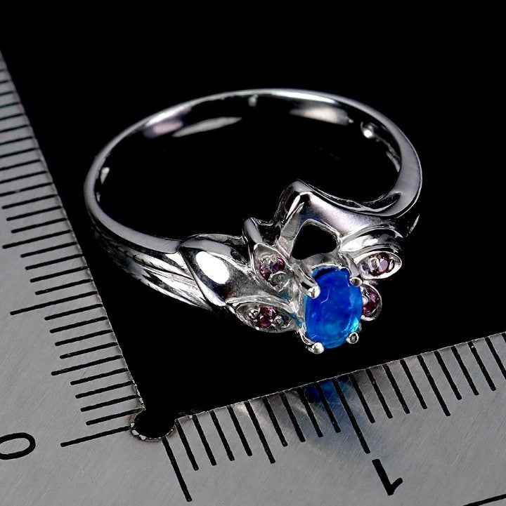 Sterling Silver Blue Opal Ring with Rhodolite Garnet - 14k White Gold Plated