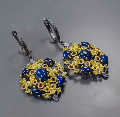 Black Opal Earrings with Peridot and Rhodolite - 925 Sterling Silver