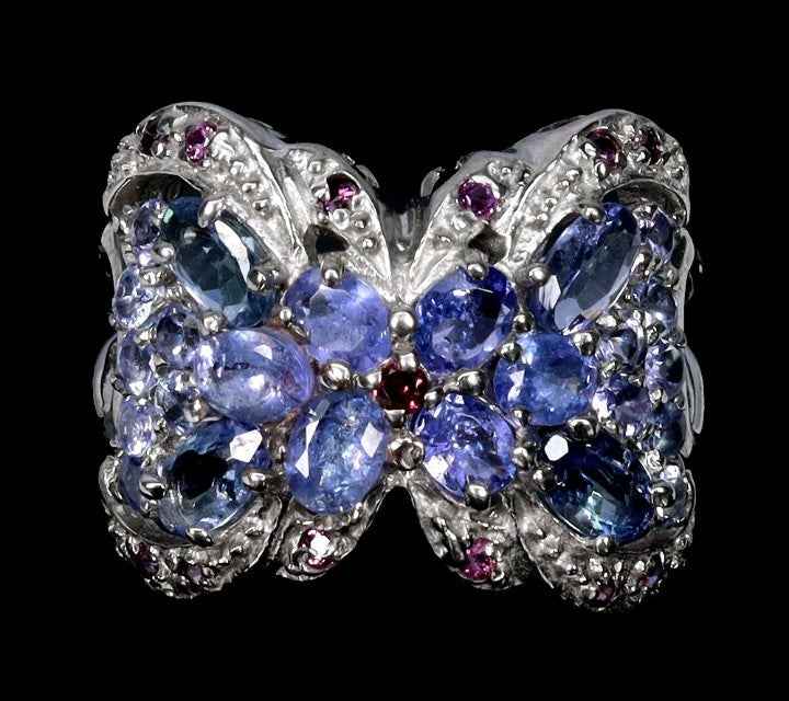 Sterling Silver Ring with Blue Kyanite, Tanzanite & Rhodolite Garnet