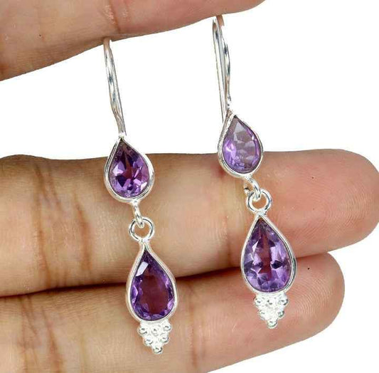 Sterling Silver 925 Amethyst Teardrop Earrings - Brazilian Gemstone