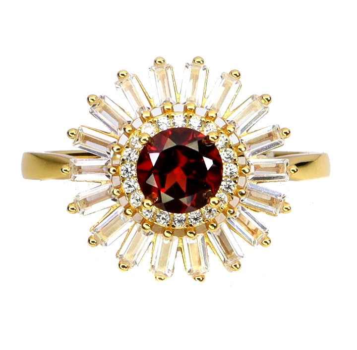 Mozambique Garnet Sterling Silver Ring - 14k Gold Plated Sunburst Design