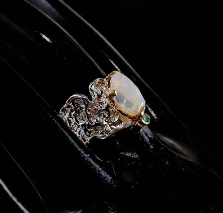 Multicolor Opal Ring with Emerald Accents in Sterling Silver