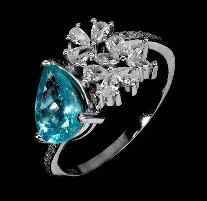Blue Apatite Pear Cut Ring - 925 Sterling Silver with 14k White Gold Plating