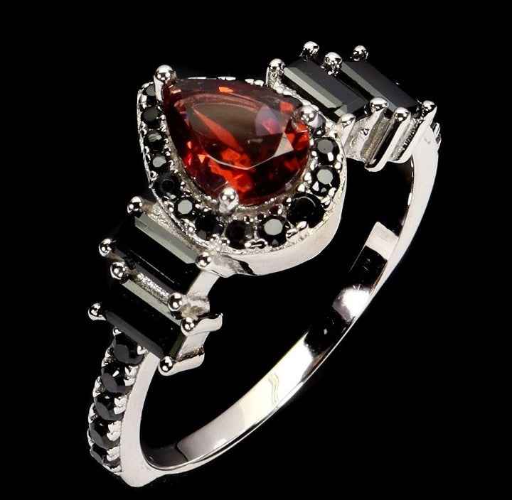 Mozambique Garnet Ring Pear Cut - 925 Sterling Silver 14k White Gold Plated