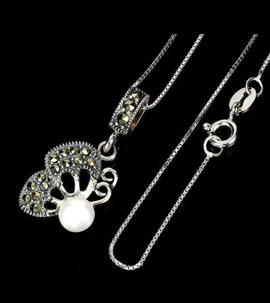 Sterling Silver Pearl & Marcasite Pendant Necklace