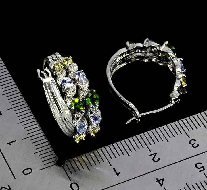 Multi-Gemstone Sterling Silver Hoop Earrings - Chrome Diopside, Aquamarine & Sapphire