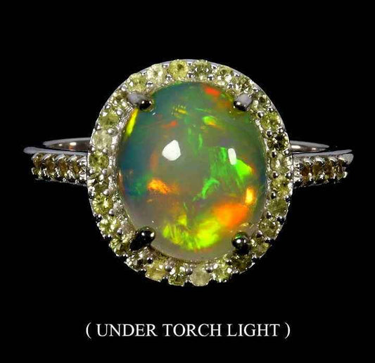 Ethiopian Fire Opal Ring with Diamond Cut Sapphires - 925 Sterling Silver