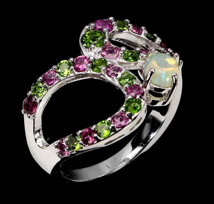 Ethiopian Fire Opal Ring - 925 Sterling Silver with Chrome Diopside & Rhodolite Garnet - Size 7.5