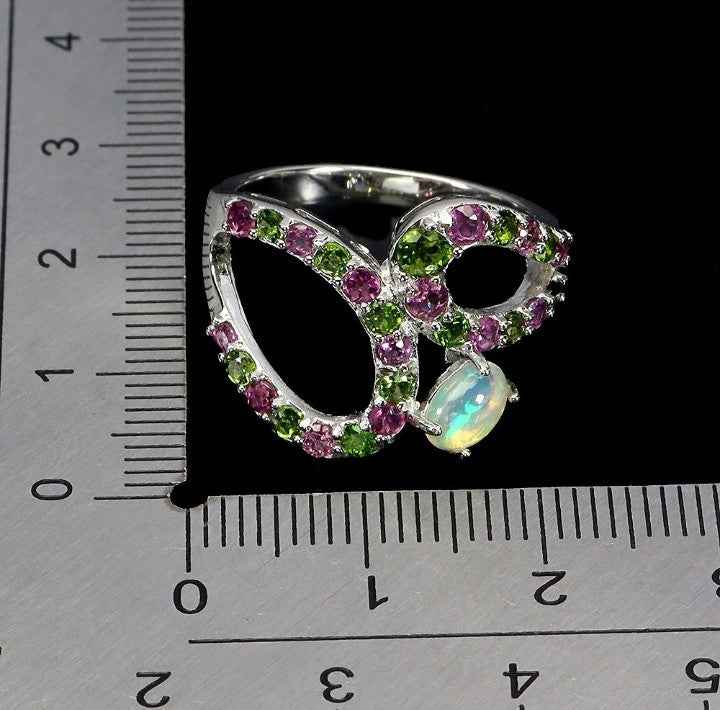 Ethiopian Fire Opal Ring - 925 Sterling Silver with Chrome Diopside & Rhodolite Garnet - Size 7.5