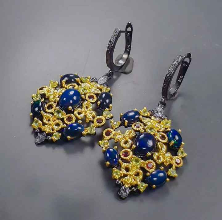 Black Opal Earrings with Peridot and Rhodolite - 925 Sterling Silver