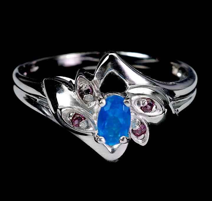 Sterling Silver Blue Opal Ring with Rhodolite Garnet - 14k White Gold Plated