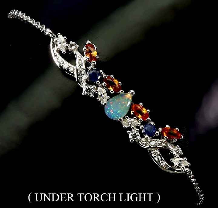925 Sterling Silver Ethiopian Fire Opal Bracelet with Cubic Zirconia & Sapphire