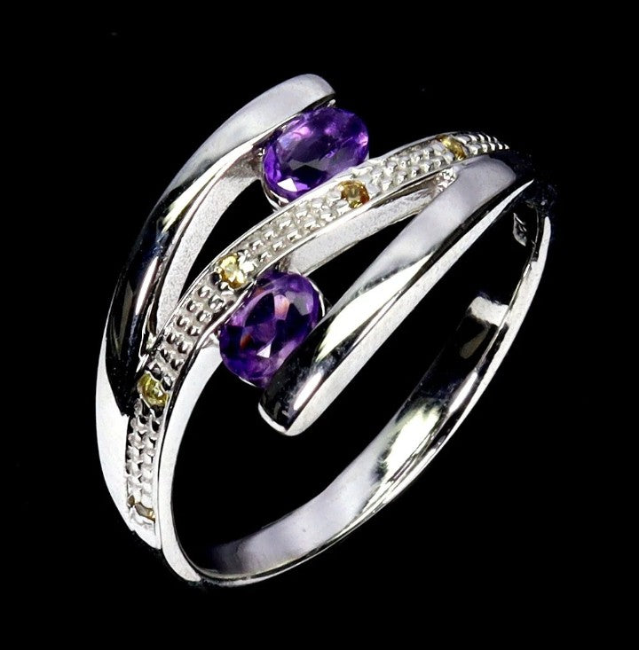 Sterling Silver Amethyst & Sapphire Ring - 14k White Gold Plated
