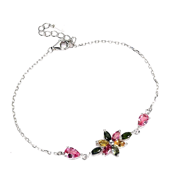 Silver bracelet with colorful gemstones on a white background