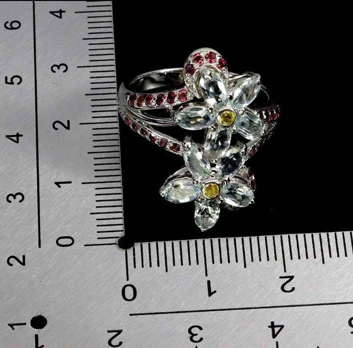 Sterling Silver Aquamarine Flower Ring with Rhodolite Garnet and Sapphire