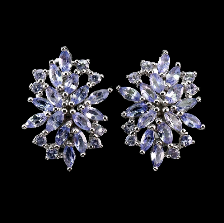 Pair of silver earrings with blue gemstones on a black background